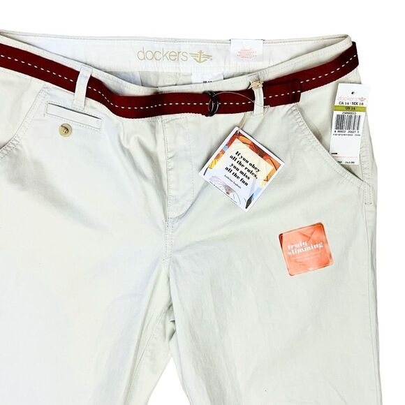 NEW Dockers Ivory Capri Cropped Maroon/Belted Pants Truly Slimming Stretchy 14 - Picture 2 of 15